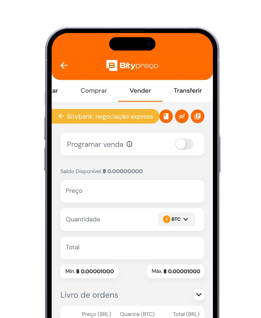 Smartphone aberto na tela de negociação de compra express do app Bitypreço