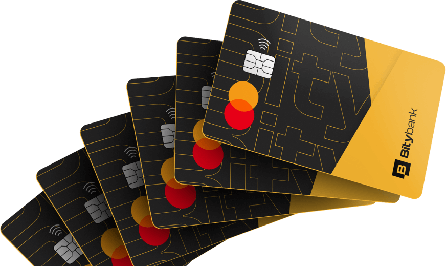 Seis cartões da BityBank empilhados um acima do outro em forma de leque